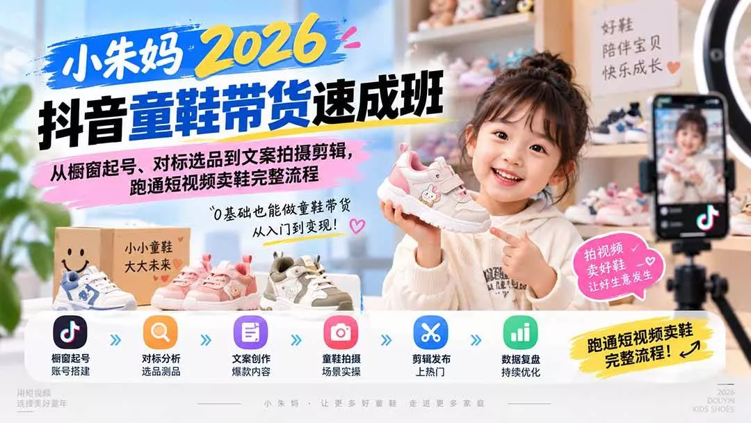 （20267期）小朱妈2026抖音童鞋带货速成班：从橱窗起号、对标选品到文案拍摄剪辑，跑通短视频卖鞋完整流程_抖汇吧