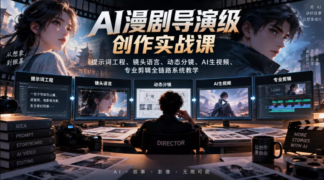 AI漫剧导演级创作实战课|提示词工程、镜头语言、动态分镜、AI生视频、专业剪辑全链路系统教学 AI漫剧导演级创作实战课|提示词工程、镜头语言、动态分镜、AI生视频、专业剪辑全链路系统教学
