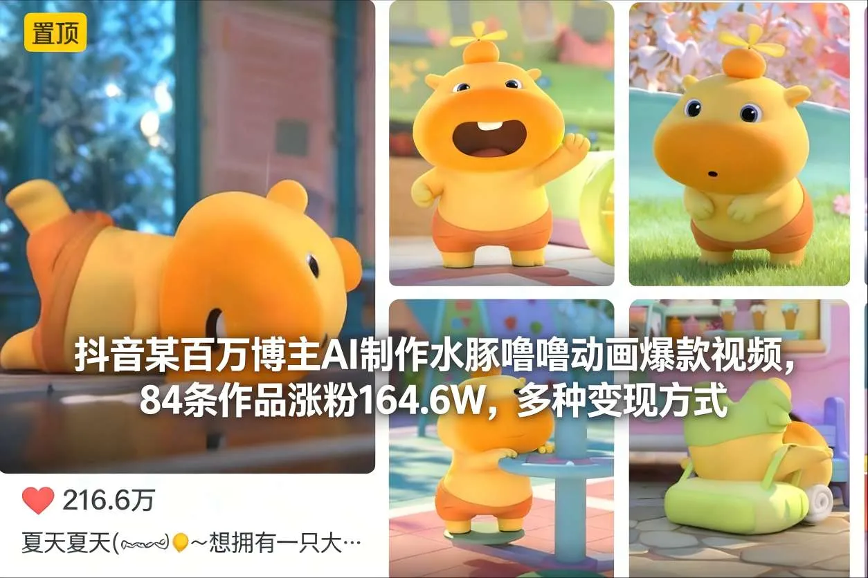 抖音某百万博主AI制作水豚噜噜动画爆款视频，84条作品涨粉164.6W，多种变现方式_抖汇吧