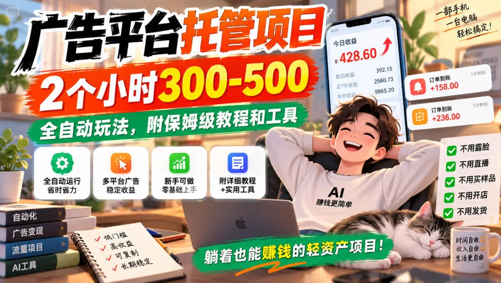 广告平台托管项目，2个小时300-500，全自动玩法，附保姆级教程和工具，小白照着就能做【揭秘】_抖汇吧