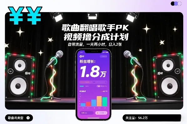 歌曲翻唱歌手PK视频撸分成计划，自带流量，一天两小时，日入2张_抖汇吧