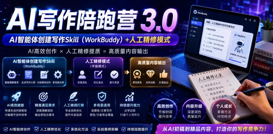 AI写作陪跑营3.0，Ai智能体创建写作skill（workbuddy）+人工手写模式（手搓模式），去除AI痕迹（头条号、公众号、百家号）（更新0907）_抖汇吧
