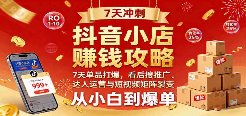 抖音小店赚钱攻略：7天单品打爆技巧，看后搜推广、达人运营与短视频矩阵裂变实战_抖汇吧