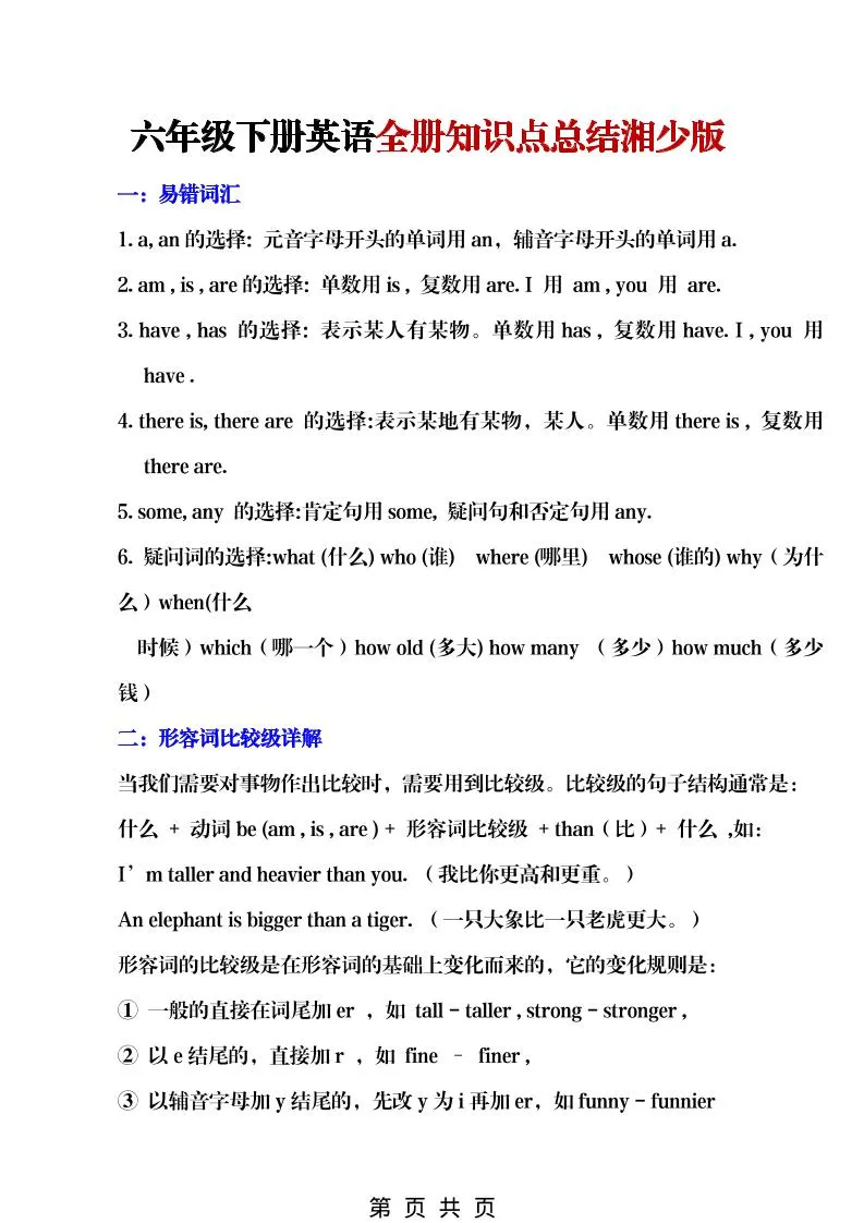 六年级下英语全册知识点总结《湘少版》