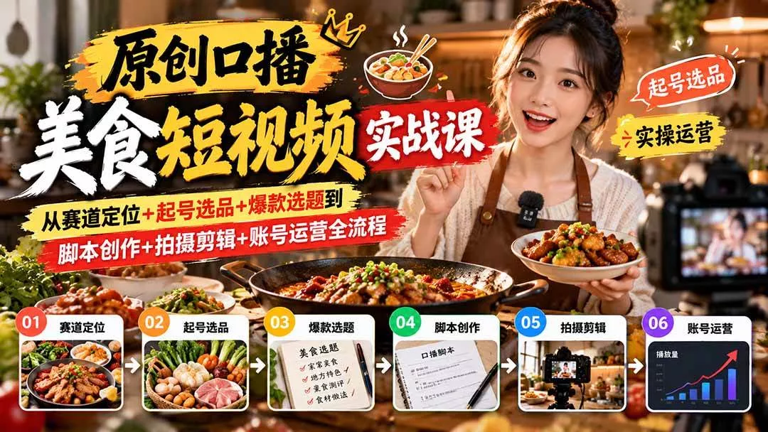 (20786期)原创口播美食短视频实战课:从赛道定位+起号选品+爆款选题到脚本创作+拍摄剪辑+账号运营全流程 (20786期)原创口播美食短视频实战课:从赛道定位+起号选品+爆款选题到脚本创作+拍摄剪辑+账号运营全流程