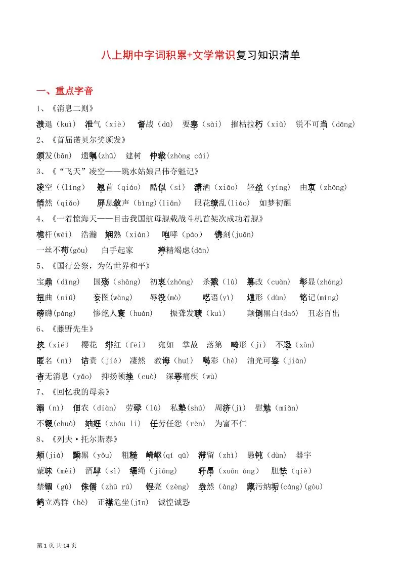 八年级上语文字词积累、文学常识知识清单