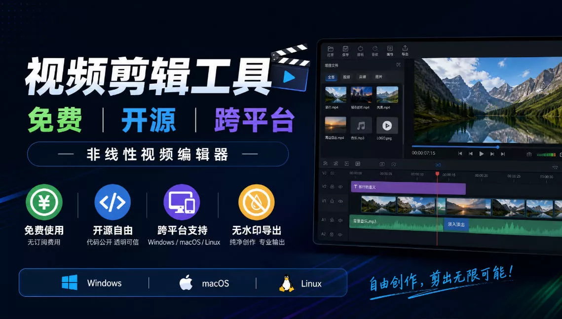 视频剪辑工具，免费、开源、跨平台，非线性视频编辑器，支持Windows、macOS、Linux，无水印、无订阅费用_抖汇吧