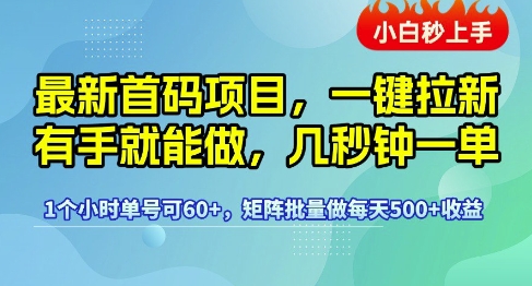 最新首码项目，一键拉新有手就能做，几秒钟一单，1个小时单号可60+，矩阵批量做每天5张【揭秘】_抖汇吧