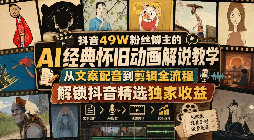 抖音49W粉丝博主的AI经典怀旧动画解说教学，从文案配音到剪辑全流程，解锁抖音精选独家收益_抖汇吧