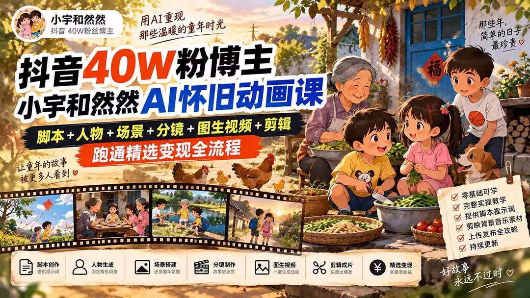 （20549期）抖音40W粉博主小宇和然然AI怀旧动画课｜脚本+人物+场景+分镜+图生视频+剪辑，跑通精选变现全流程_抖汇吧