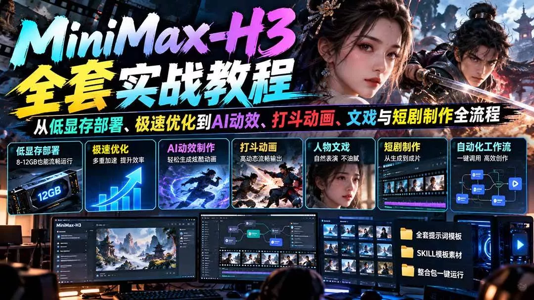 （21161期）MiniMax-H3全套实战教程：从低显存部署、极速优化到AI动效、打斗动画、文戏与短剧制作全流程_抖汇吧