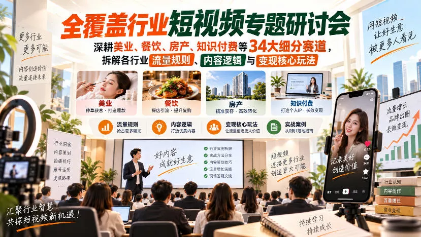 短视频专题研讨会，深耕美业、餐饮、房产、知识付费等34大细分赛道，拆解各行业流量规则、内容逻辑与变现核心玩法（更新1011）_抖汇吧