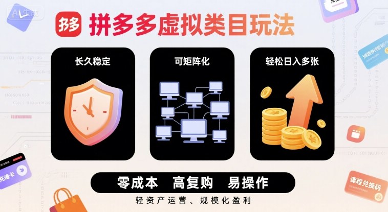 拼多多虚拟类目玩法，长久稳定，可矩阵化，轻松日入多张_抖汇吧
