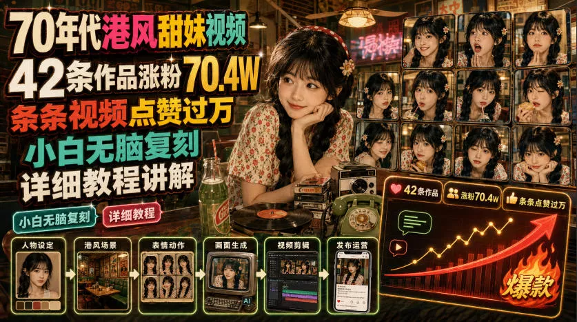 70年代港风甜妹视频，42条作品涨粉70.4W，条条视频点赞过万，小白无脑复刻，详细教程讲解_抖汇吧