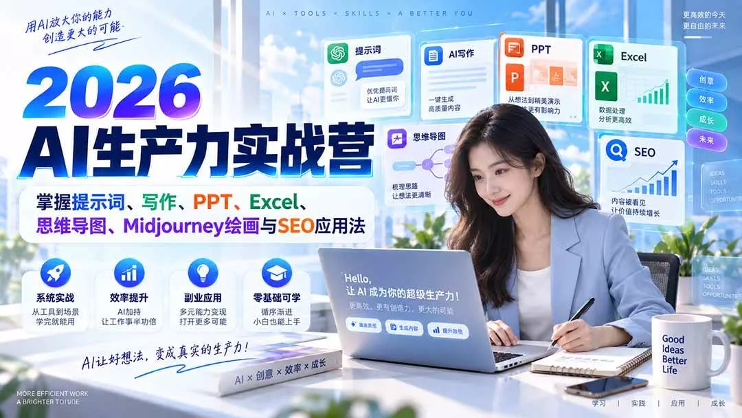 （20307期）2026AI生产力实战营：掌握提示词、写作、PPT、Excel、思维导图、Midjourney绘画与SEO应用法_抖汇吧