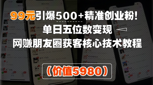 99元引爆500+精准创业粉！单日五位数变现，网创朋友圈获客核心技术教程_抖汇吧