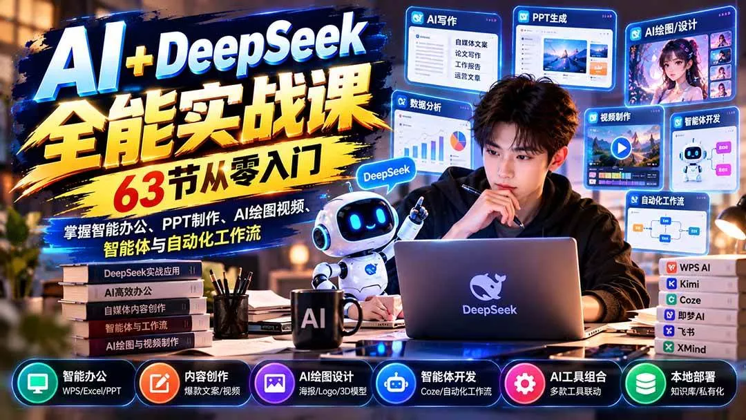 （21141期）AI+DeepSeek全能实战课：63节从零入门，掌握智能办公、PPT制作、AI绘图视频、智能体与自动化工作流