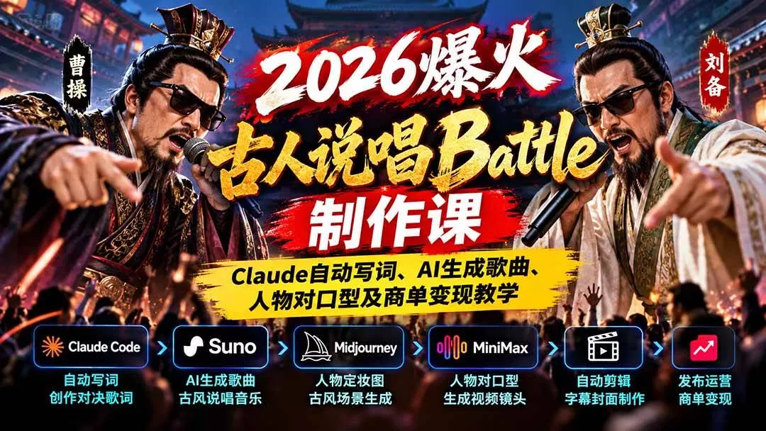 （21059期）2026爆火古人说唱Battle制作课：Claude自动写词、AI生成歌曲、人物对口型及商单变现教学_抖汇吧