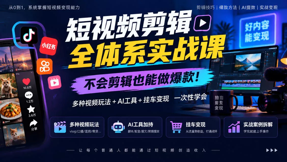 短视频剪辑全体系实战课，不会剪辑也能做爆款，多种视频玩法+AI工具+挂车变现一次性学_抖汇吧