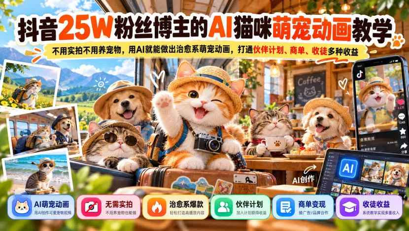 抖音25W粉丝博主的AI猫咪萌宠动画教学，不用实拍不用养宠物，用AI就能做出治愈系萌宠动画，打通伙伴计划、商单、收徒多种收益_抖汇吧