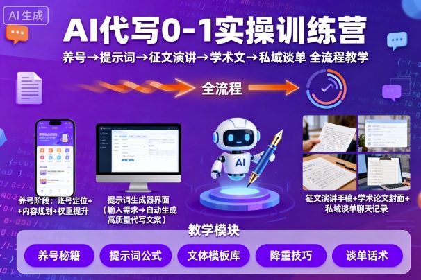AI代写0-1实操训练营，从养号、提示词、征文演讲、学术文，到私域谈单的全流程教学_抖汇吧