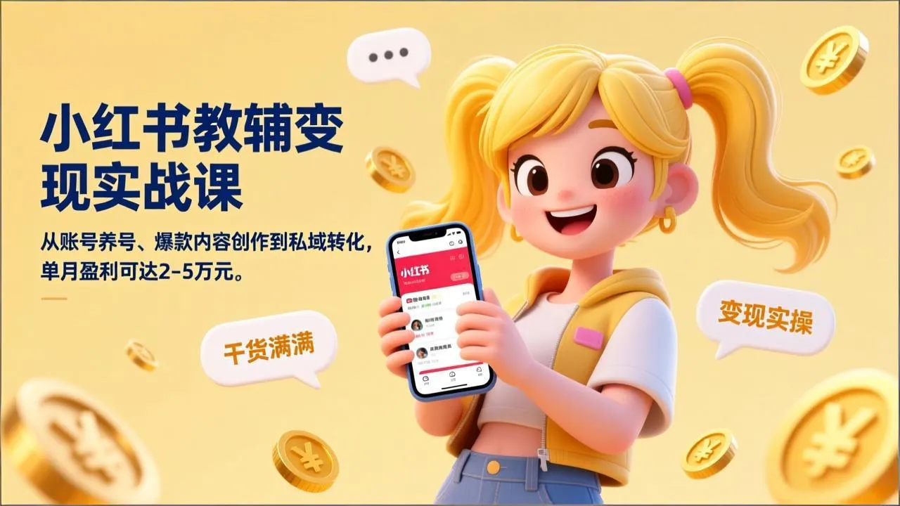 小红书教辅变现实战课，从账号养号、爆款内容创作到私域转化，单月盈利可达2-5万元_抖汇吧