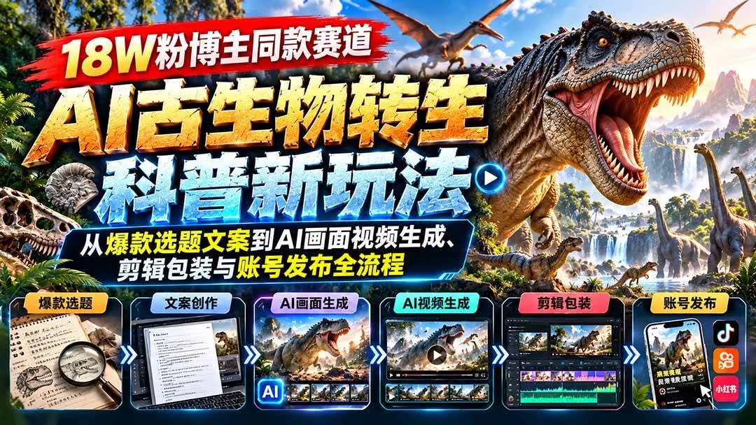 （20833期）18W粉博主同款赛道-AI古生物转生科普新玩法：从爆款选题文案到AI画面视频生成、剪辑包装与账号发布全流程_抖汇吧