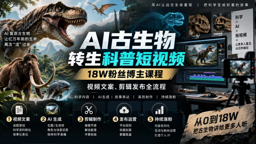 AI古生物转生科普短视频,18W粉丝博主课程,视频文案、剪辑发布全流程_抖汇吧