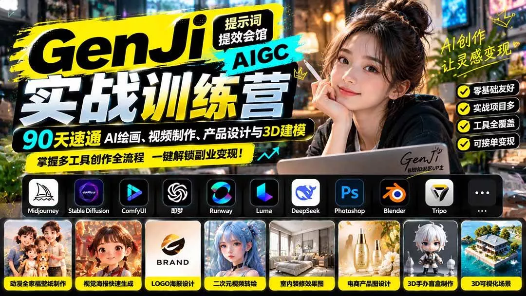 (21192期)GenJi AIGC实战训练营:90天速通AI绘画、视频制作、产品设计与3D建模,掌握多工具创作全流程 (21192期)GenJi AIGC实战训练营:90天速通AI绘画、视频制作、产品设计与3D建模,掌握多工具创作全流程