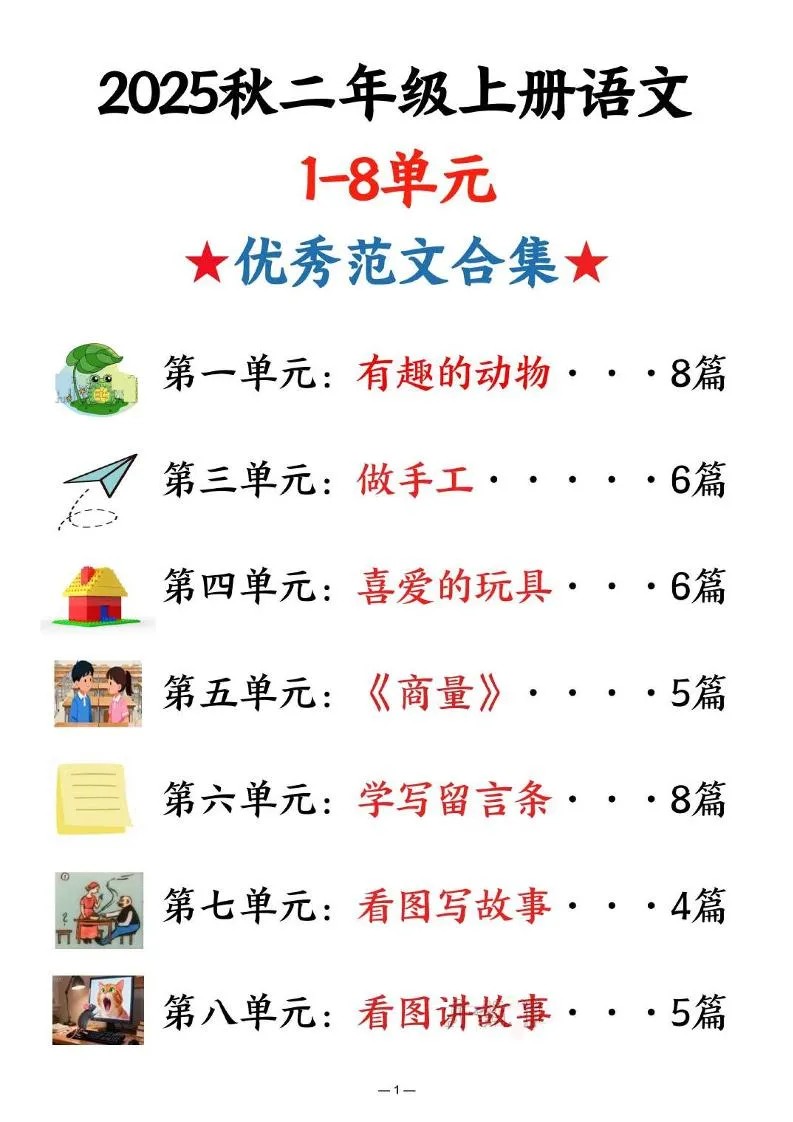 25秋二上语文1-8单元优秀范文合集（22页）