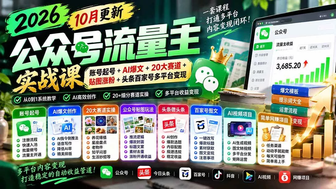 （20878期）2026公众号流量主实战课-10月更新：账号起号+AI爆文+20大赛道+贴图涨粉+头条百家号多平台变现_抖汇吧