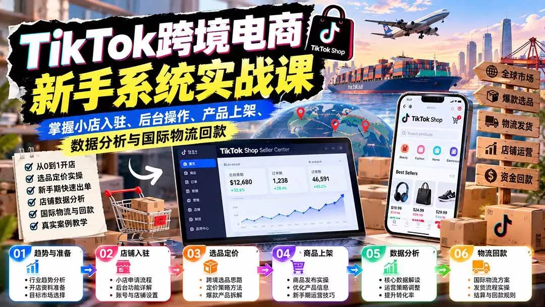 （20672期）TikTok跨境电商新手系统实战课：掌握小店入驻、后台操作、产品上架、数据分析与国际物流回款_抖汇吧