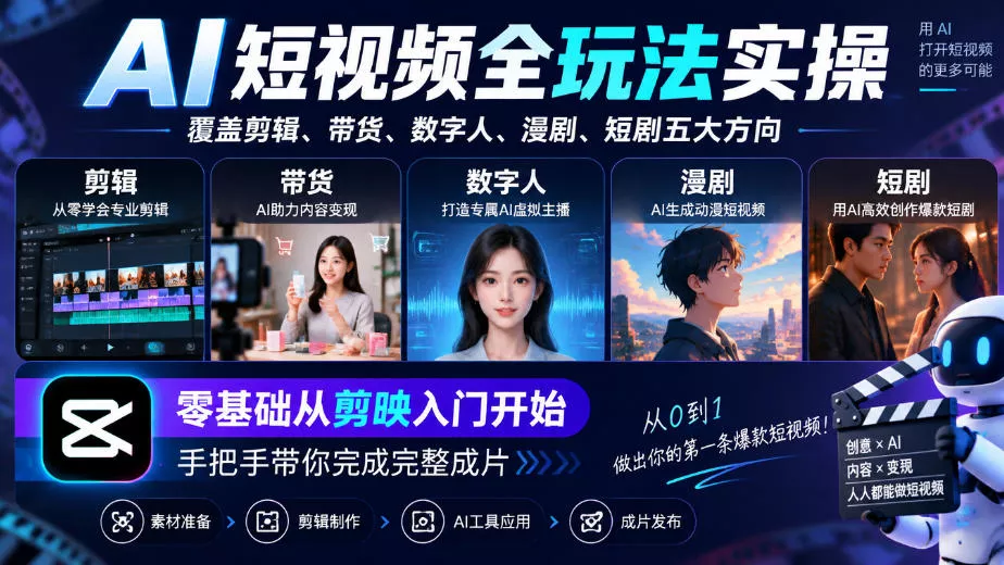 AI短视频全玩法实操，覆盖剪辑、带货、数字人、漫剧、短剧五大方向，零基础从剪映入门开始，手把手带你完成完整成片_抖汇吧