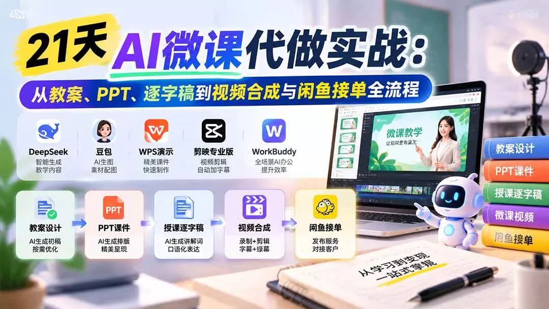 (21065期)21天AI微课代做实战:从教案、PPT、逐字稿到视频合成与闲鱼接单全流程 (21065期)21天AI微课代做实战:从教案、PPT、逐字稿到视频合成与闲鱼接单全流程