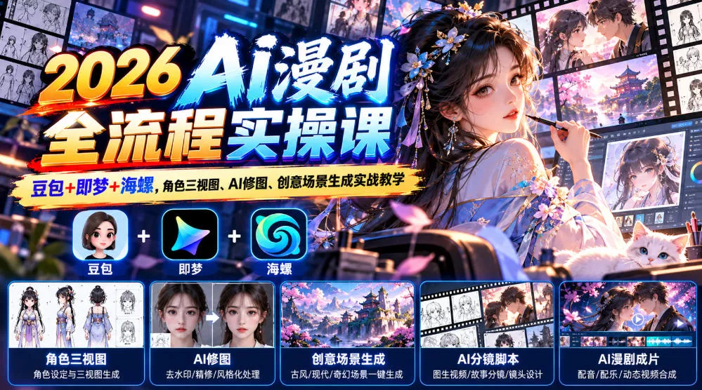 【无水印】2026 AI漫剧全流程实操课｜豆包+即梦+海螺，角色三视图、AI修图、创意场景生成实战教学_抖汇吧