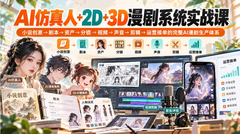 【无水印】AI仿真人+2D+3D漫剧系统实战课，小说创意→剧本→资产→分镜→视频→声音→剪辑→运营接单的完整AI漫剧生产体系_抖汇吧