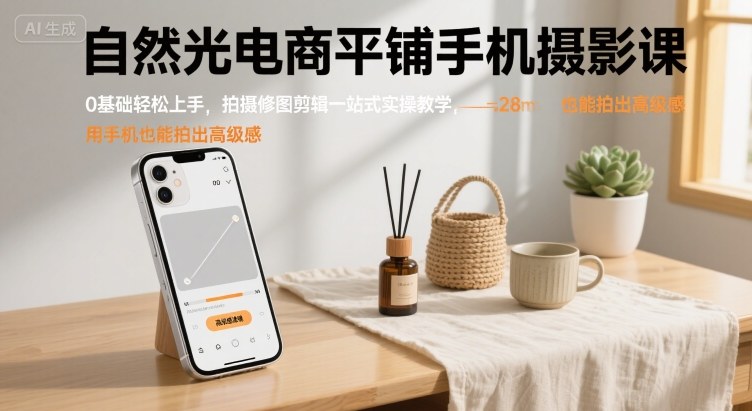 自然光电商平铺手机摄影课，0基础轻松上手，拍摄修图剪辑一站式实操教学，用手机也能拍出高级感_抖汇吧