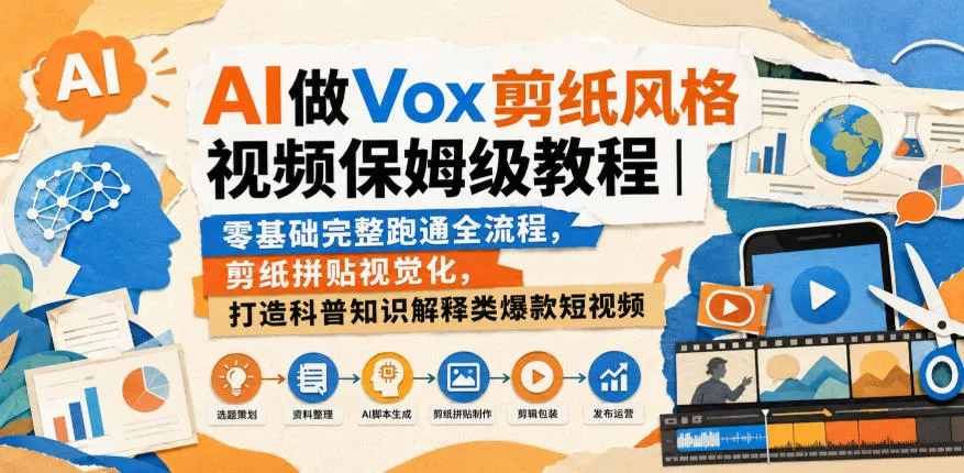 AI做Vox剪纸风格视频保姆级教程｜零基础完整跑通全流程，剪纸拼贴视觉化，打造科普知识解释类爆款短视频_抖汇吧