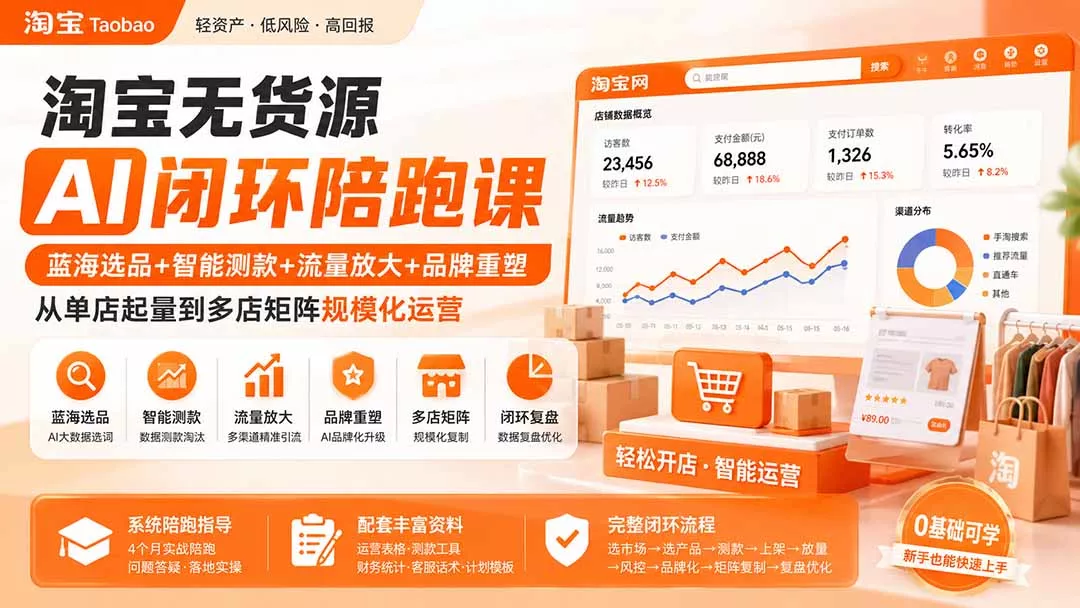 淘宝无货源AI闭环陪跑课:蓝海选品+智能测款+流量放大+品牌重塑,从单店起量到多店矩阵规模化运营_抖汇吧