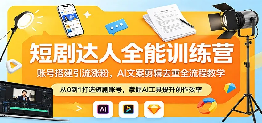 短剧达人全能训练营：账号搭建引流涨粉，AI 文案剪辑去重全流程教学_抖汇吧