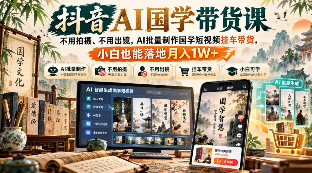 抖音AI国学带货课，不用拍摄、不用出镜，AI批量制作国学短视频挂车带货，小白也能落地月入1W+_抖汇吧