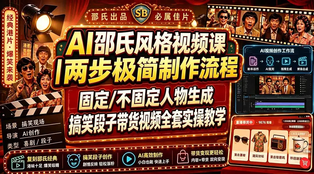 AI邵氏风格视频课｜两步极简制作流程，固定/不固定人物生成，搞笑段子带货视频全套实操教学_抖汇吧