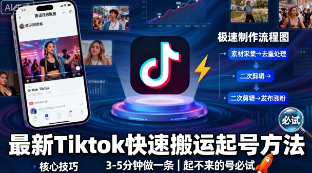 最新Tiktok快速搬运快速起号方法，3-5分钟做一条，起不来的号可以试试_抖汇吧