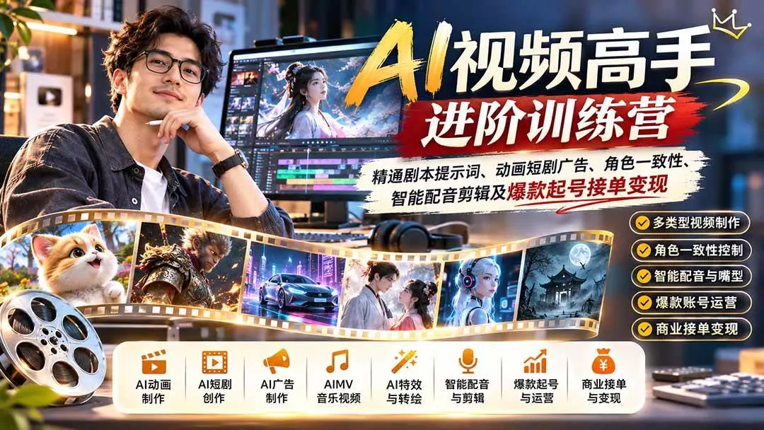 （21174期）AI视频高手进阶训练营：精通剧本提示词、动画短剧广告、角色一致性、智能配音剪辑及爆款起号接单变现_抖汇吧