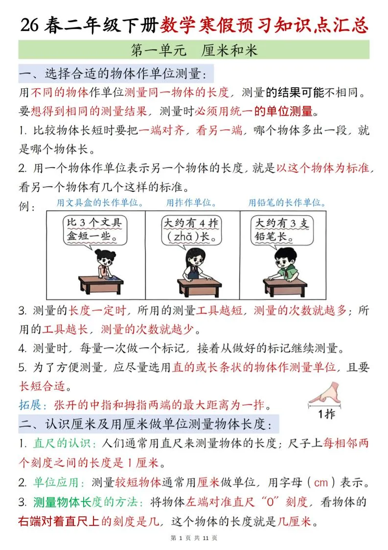 二年级下数学寒假预习知识点清单《苏教版》