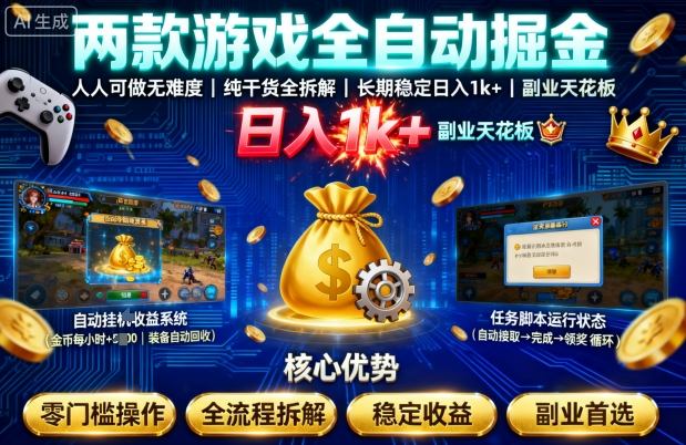 两款游戏全自动掘金，人人可做无难度，纯干货全拆解，长期稳定，日入1k+，副业天花板【揭秘】_抖汇吧
