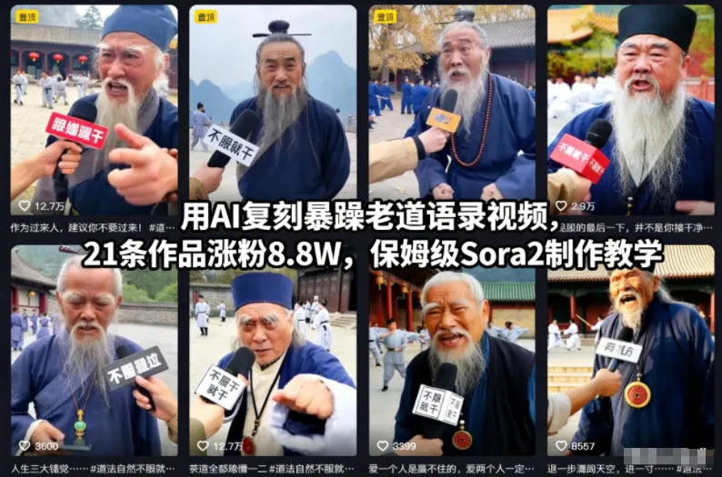 用AI复刻暴躁老道语录视频，21条作品涨粉8.8W，保姆级Sora2制作教学_抖汇吧