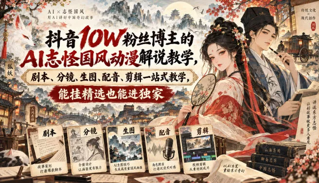 抖音10W粉丝博主满堂诡事的AI志怪国风动漫解说教学,剧本、分镜、生图、配音、剪辑一站式教学,能挂精选也能进独家_抖汇吧