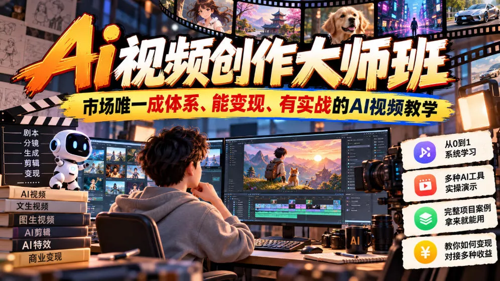 Ai视频创作大师班，市场唯一成体系、能变现、有实战的AI视频教学（更新2026）_抖汇吧