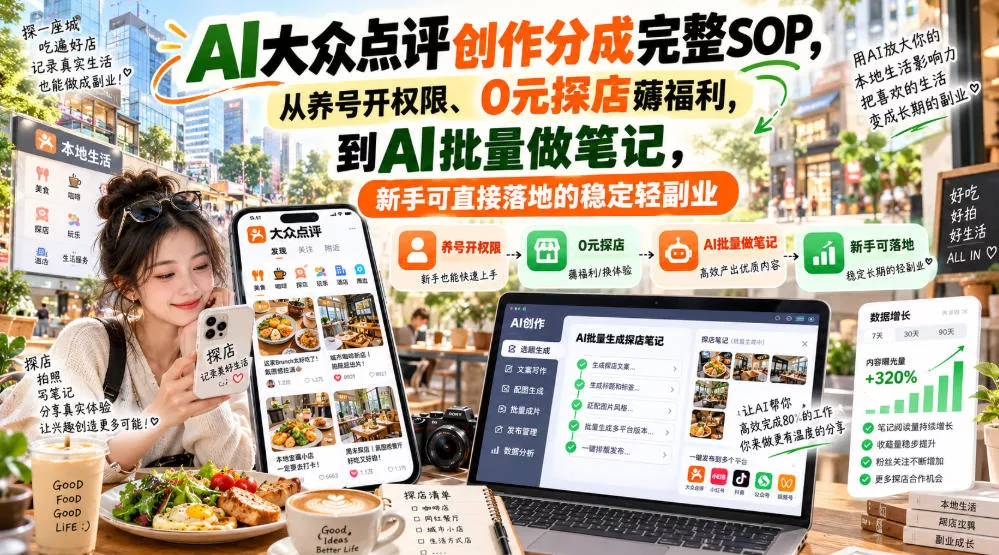 【无水印】AI大众点评创作分成完整SOP,从养号开权限、0元探店薅福利,到AI批量做笔记,新手可直接落地的稳定轻副业_抖汇吧